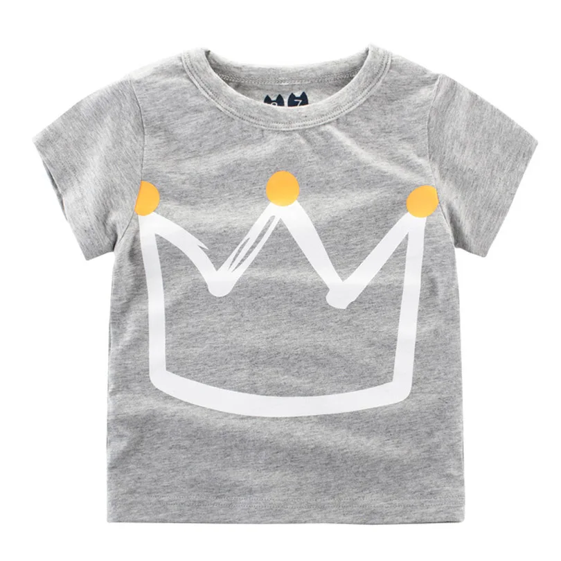 Летняя детская футболка для мальчиков; футболки с короткими рукавами для маленьких девочек с принтом короны; хлопковая детская футболка; топы; Одежда для мальчиков - Цвет: Серый