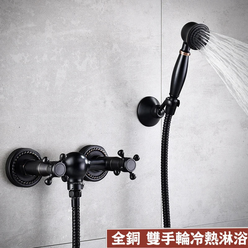 

Solid Copper Black Bathroom Faucet Shower Faucets Wall Mounted Cold and Hot Water Mixer Craved Double Handle Faucet