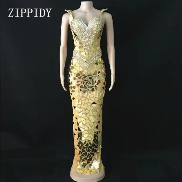 

3 Colors Flashing Sequins Rhinestones Dress Women's Birthday Celebrate Dress Mirrors Evening Costume Women Singer Party Dress