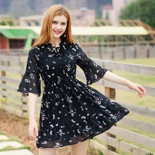 Женские платья, элегантные платья, летнее шифоновое платье с коротким Расклешенным рукавом, черное ТРАПЕЦИЕВИДНОЕ ПЛАТЬЕ С Высокой Талией, Дамское Платье с завязками на шее D20