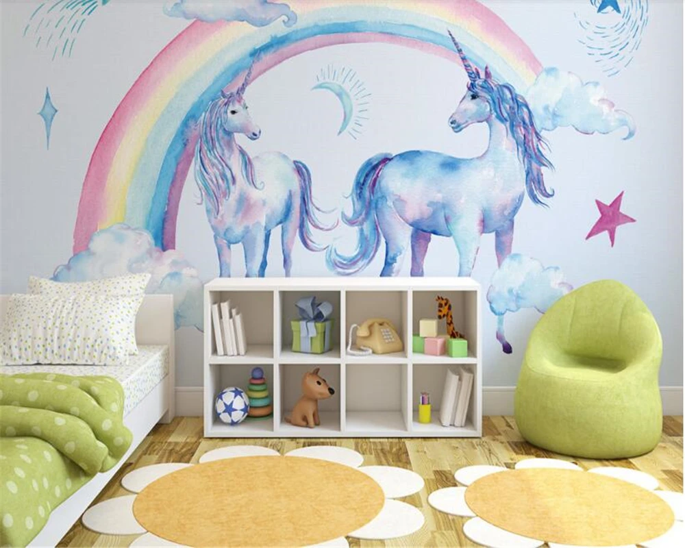 beibehang Japanese cute beautiful rainbow unicorn Pegasus wall interior decoration painting three-dimensional wallpaper behang