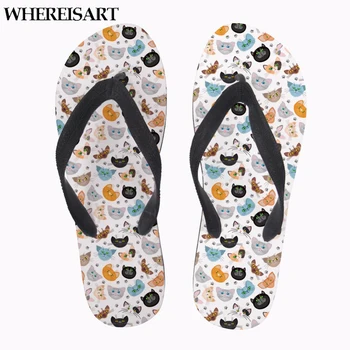 

WHEREISART Cute Animal Cartoon Cat Print Women Flip Flops Casual Slippers Women Flats Beach Sandals for Ladies Summer Flip Flop