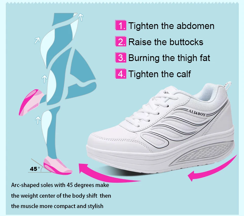 ALI& BOY/ женские кроссовки для бега из искусственной кожи; обувь для похудения на платформе; женская спортивная обувь на танкетке; белые женские кроссовки