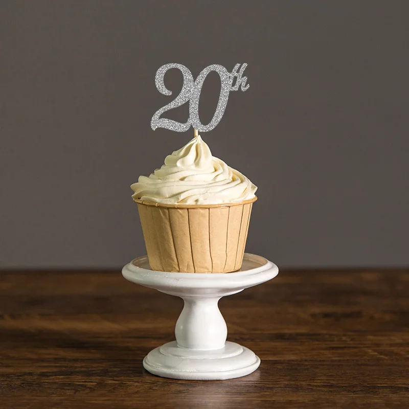 20th Cupcake toppers, Золотой/Серебряный/черный блестящий выбор еды для 20 дней рождения украшения аксессуар для кекса поставки