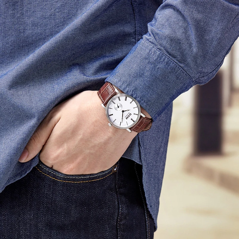 DOM Mens Watches Top Brand Luxury Fashion Leather Small Three pin Waterproof Quartz Clock Men s 5