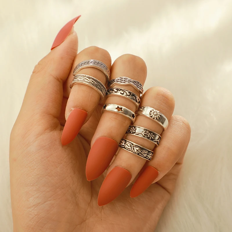 

docona Vintage Silver Color Sun Flower Star Carving Ring Set for Women Girl Metal Opening Knuckle Midi Rings Set 3503