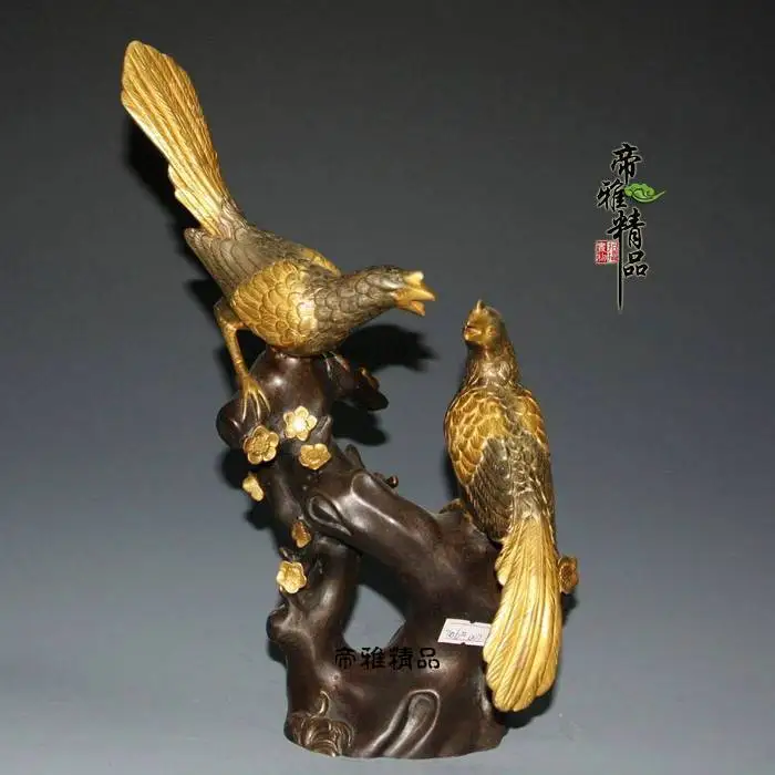 

11 China Royal Bronze 24K Gold Gild Silver Magpie Bird Plum flower Branch Statue Magpie climbing Mei Decoration Crafts