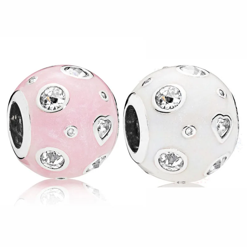 

New 925 Sterling Silver Bead Charm Pink & White Enamel Pearlescent Dreams With Crystal Beads Fit Pandora Bracelet Diy Jewelry