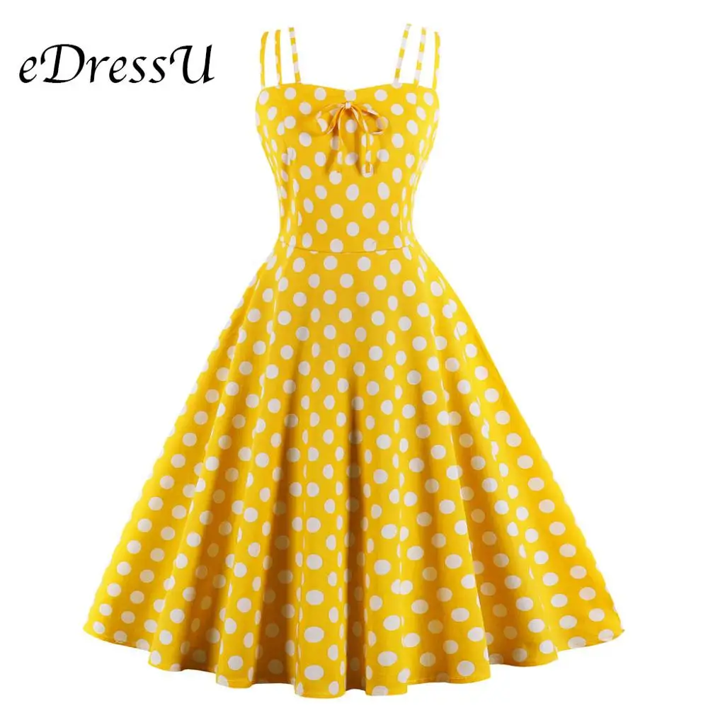 

eDressU 2019 New Vintage Yellow Blue Polka Dot Summer Dress Spaghetti Strap Casual Dress Party Dress MXN-1637