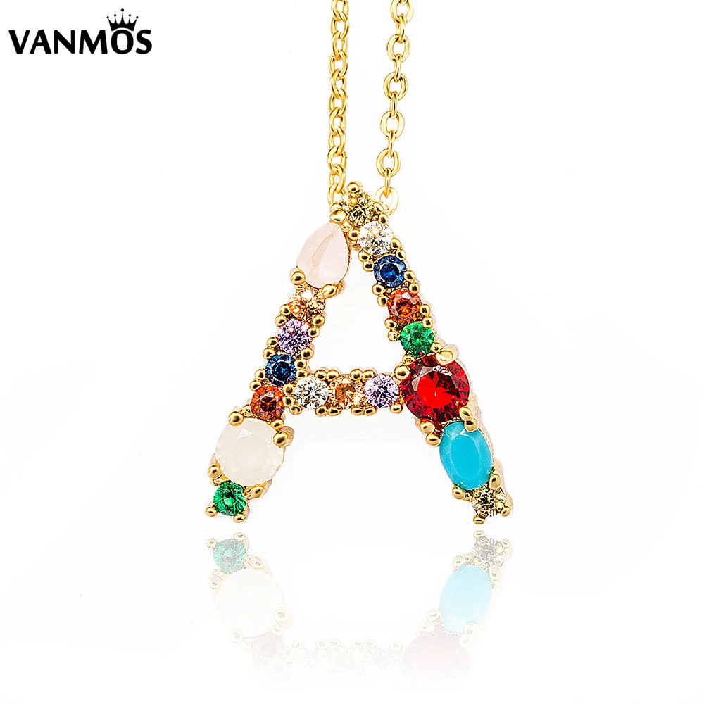 

New Gold Color Initial Name Colorful Crystal Letter Pendant Necklace Women Personality Personalized Necklace for Female Gift