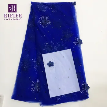 

African 3D Flower Applique Net Lace Fabric With Stones Royal Blue Flower Applique Mesh Tulle Lace Material Rhinestones Net Laces