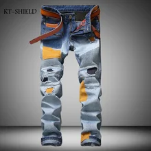 Persönlichkeit patchowrk biker jeans neue designer schlanke jeans männer hohe qualität hip hop zerrissenen jeans hosen gerade loch denim jeans