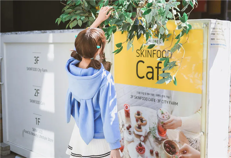 Осень Зима Embrodiery Кролик уха с капюшоном пуловер Harajuku японский Kawaii худи и толстовки для женщин плюшевые милые