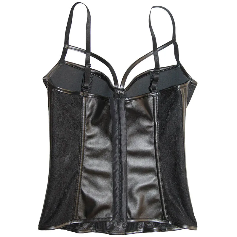 Black Wetlook Gothic Women's Slimming Waist Trainer Hot Body Shaper Sexy Sheer Floral Lace Leather Corset Bustier Plus Size XXXL-W5722-1 (4)