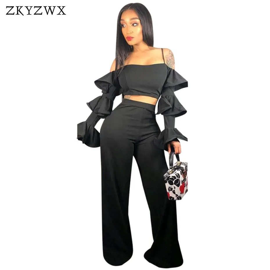 Zkyzwx Backless Sexy Two Piece Set Summer Strap Crop Top Wide Leg Pants