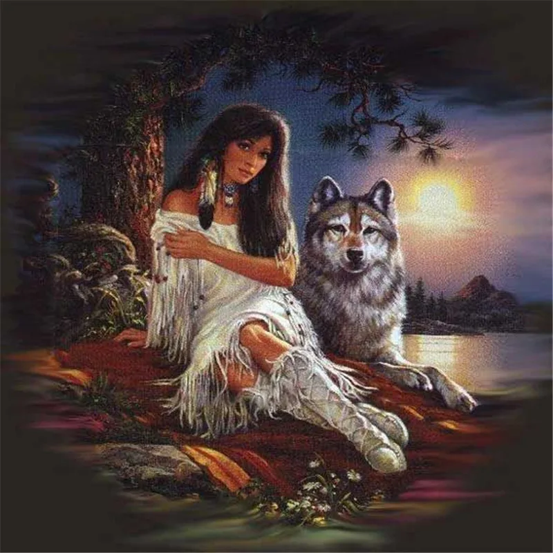Full Square Round Drill 5D DIY Diamond Painting Indian girl & wolf 3D Embroidery Cross Stitch Mosaic Decor Gift