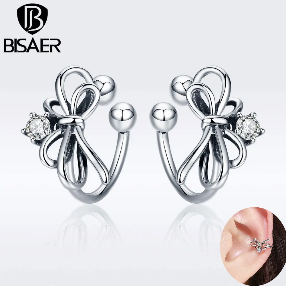 

BISAER Ears Clip 925 Sterling Silver Brincos Luminous Bowknot Earrings Jackets for Women Sterling Silver Jewelry S925 ECE345