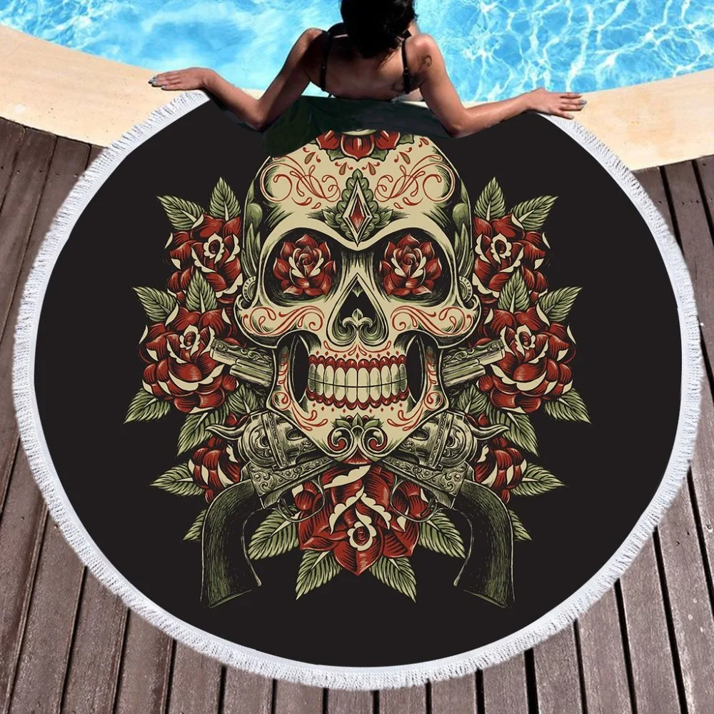 Microfiber Large Bath Towel for Beach Thick 150cm Round Sugar Skull Printed Beach Towel Quick