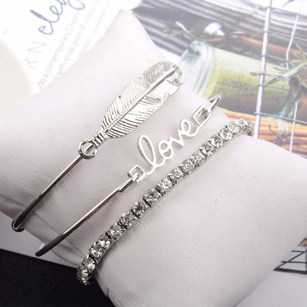 3pcs/Set Women Leaf Feather Love Crystal Rhinestone Open Bangle Bracelets