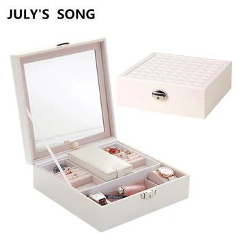 

JULY'S SONG Personalized Storage Box PU Leather Jewelry Packing Storage Container Case with Big Mirror Makeup Organizer