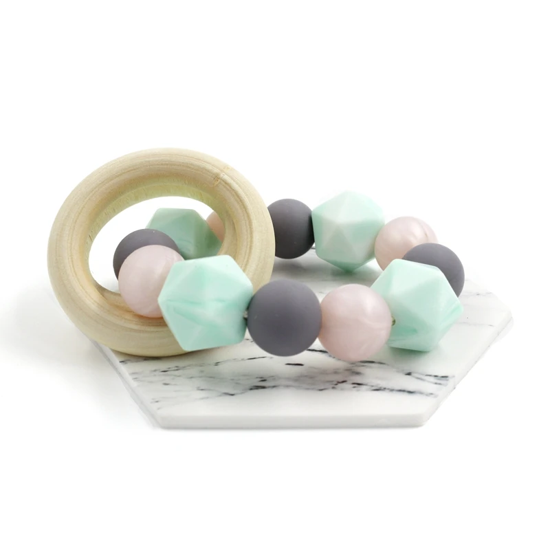Bavoirsj Free Shipping Couple Wood Ring Belling Rattle Teether Toys Baby Teething Hexagon Silicone Beads Montessori Toy B1931 | Игрушки и