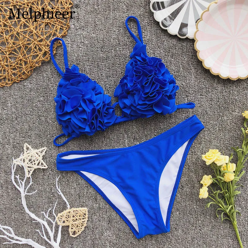 

Blue 3D Flower Swimwear Women Bathing Suit Bandage Swimsuit Sexy Micro Brazilian Bikinis 2019 Mini Biquini Push Up Bikini Set