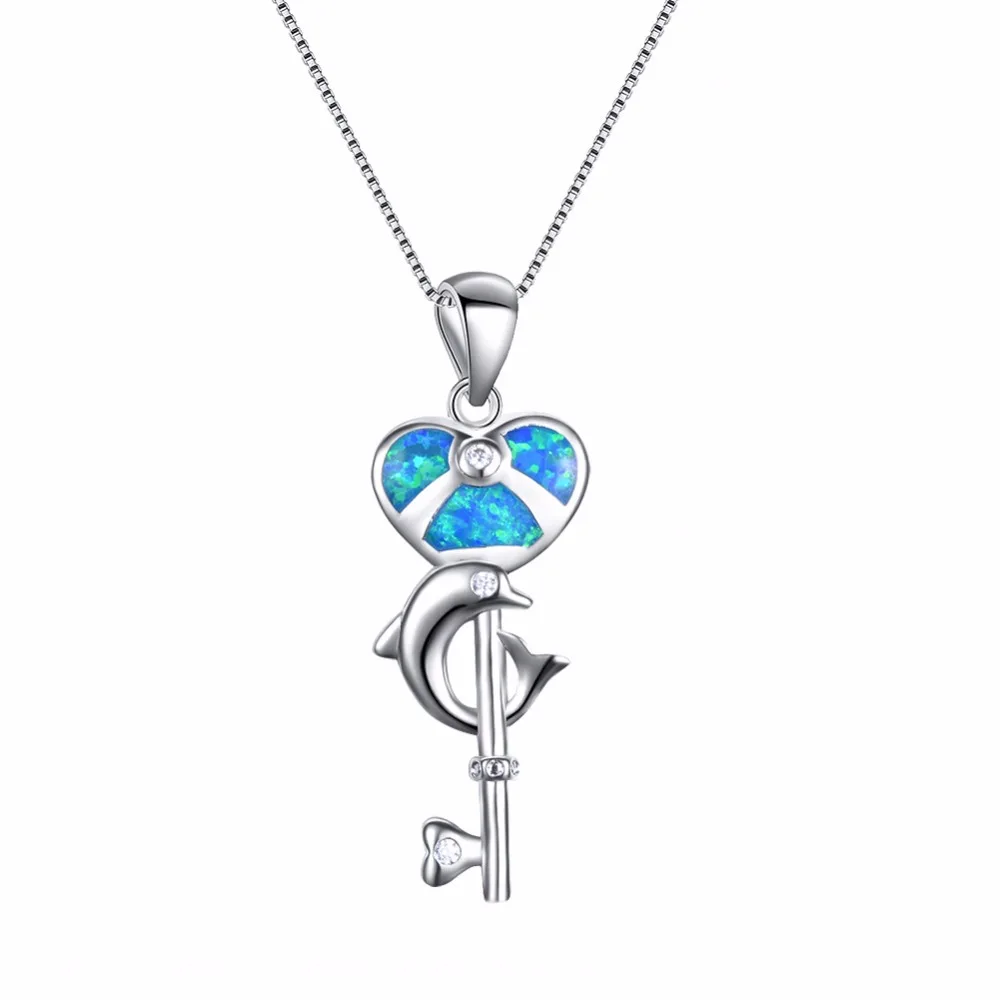 

30MM Beautiful Elegant 925 Sterling Silver Blue Fire Opal Heart Key Dolphin Pendant Necklaces For Women Fine Jewelry Gifts