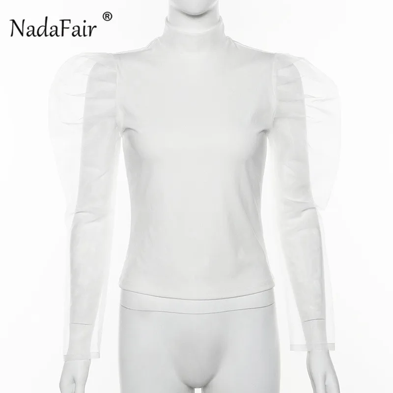 Nadafair/белые женские рубашки с пышными рукавами, Черные блузы и топы с высоким воротом, женские с сетчатыми рукавами, Сексуальные клубные вечерние рубашки