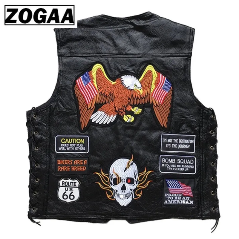 

ZOGGA 23 Embroidered Badge Black Genuine Cattle Leather Vests Wind Proof Punk Single Metal Button Motorcycle Vest with Pocket