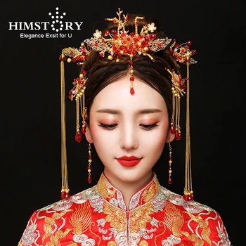 

HIMSTORY Gold Color Chinese Style Vintage Wedding Hair Jewelry Accessories Red Pearl Beads Haircomb Hairstick Accessories
