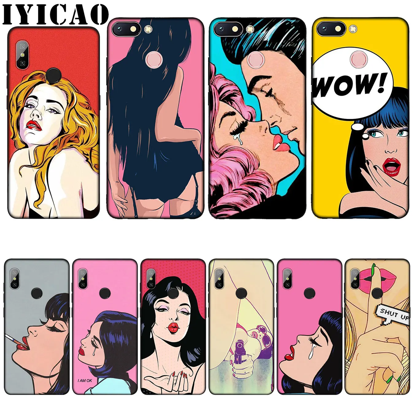 

IYICAO pop art comic Coque Silicone Soft Case for Xiaomi Redmi 6A 5A Note 8 7 4 4X 5 Plus 6 Pro Black TPU Cover