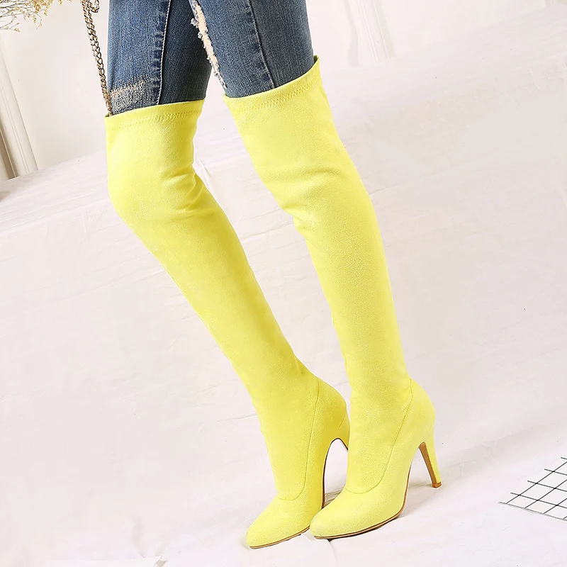 

Women Stretch Cloth Thin High Heel Over the Knee Boots Fashion Slip On Pointed Toe Warm Short Plush Winter Thigh Boots Black