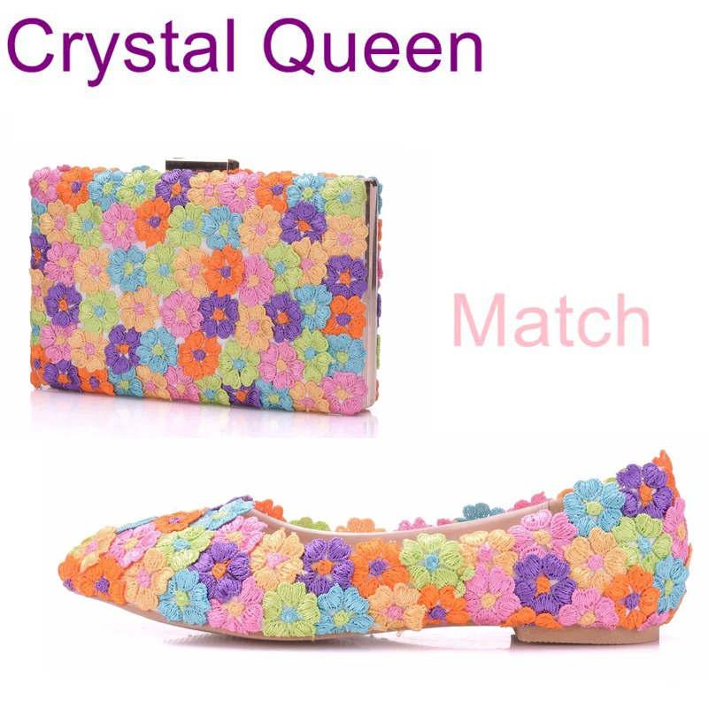 Fashion Pointed Toe Low Heels Flats Shoes Lace Womens Flats Matching Shoes And Bag Sets Flower