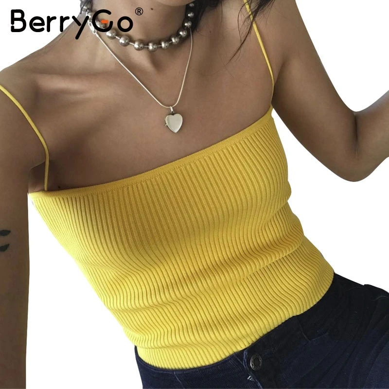 BerryGo Fashion yellow crop top camisole female Sexy knitting women