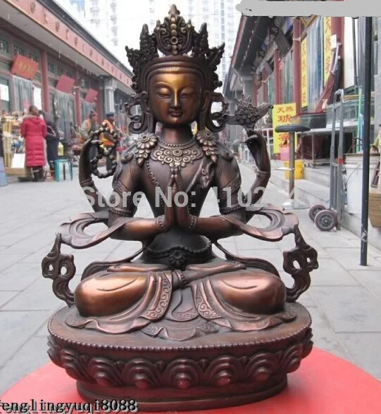 

[Nice Discount ] Tibet Buddhism Red Bronze Four armed Avalokitesvara Kwan-Yin Guan Yin statuary
