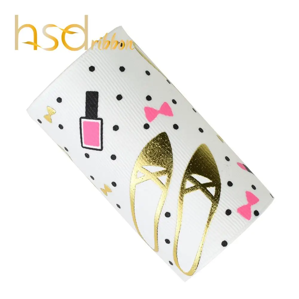 

HSDRibbon 75mm 3 inch Red lipstick and Dancing shoes Pattern foil and ink on White Grosgrain Ribbon