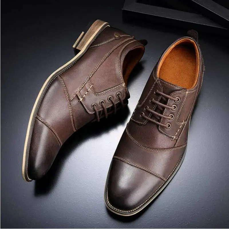Genuine Leather Lace-up New Men Dress shoes formal shoes men's Handmade business shoes wedding shoes Big Size 50 A51-94 - Цвет: coffee