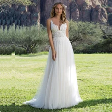 Свадебное платье принцессы с бретельками и v-образным вырезом, кружевные свадебные платья трапециевидной формы с аппликацией, vestidos de novia