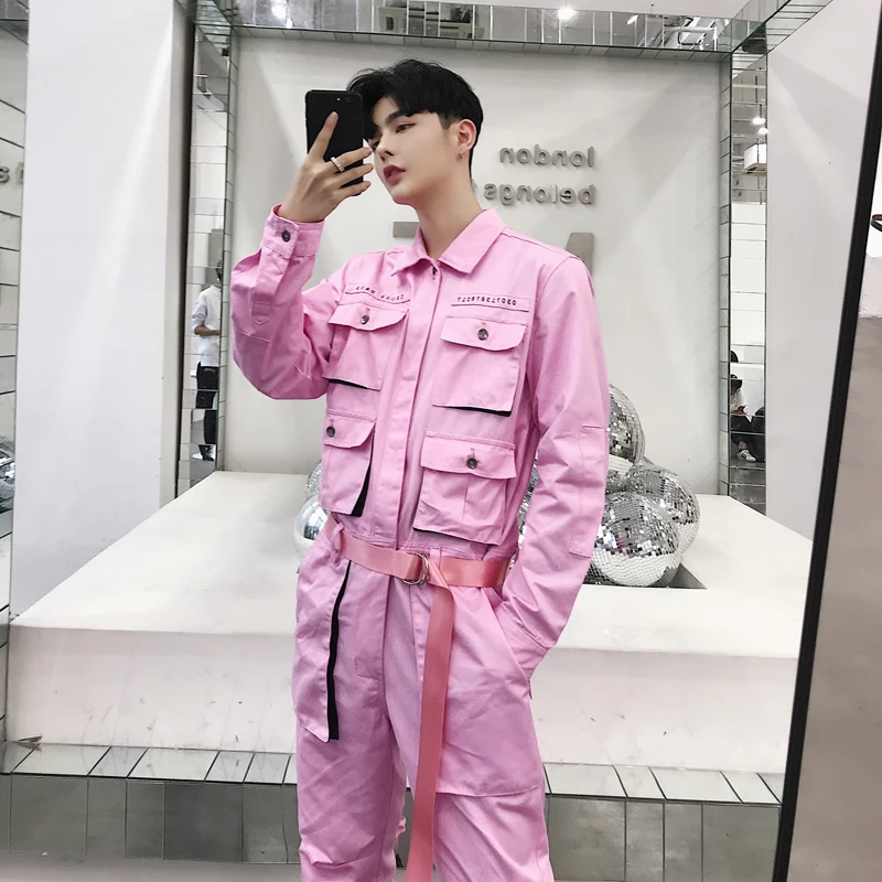 

Men Multi-pocket Streetwear Hip Hop Overalls Casual Jumpsuit Cargo Pant Male Couple Stage Dancing Team Clothes Jumpsuit Trousers