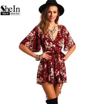 SheIn Shorts Rompers Womens Jumpsuits Summer Ladies Red Sexy Deep V Neck Short Sleeve Floral Tie Waist Casual Jumpsuit