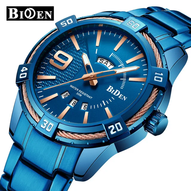 BIDEN Men's Quartz Watch Blue Luxury Brand Sports Men's Quartz Analog Clock Men's Watch Steel Strap Casual Watch