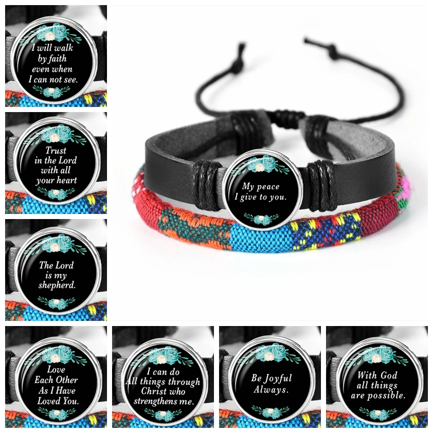 

Punk Couples Bracelet Black Wax Rope Braided Leather Bracelet Quote Bible Glass Charms Woven Jewelry Gifts