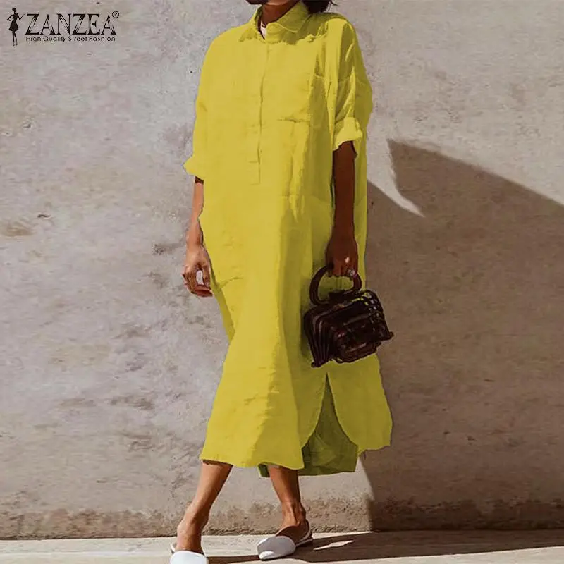 ZANZEA/модное женское осеннее длинное платье-рубашка с длинными рукавами и отворотами, женское однотонное хлопковое белье на пуговицах, сарафан, Раздельный подол, Vestido