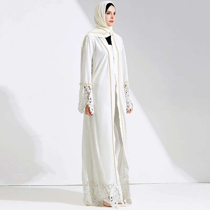 Женский элегантный скромный мусульманский костюм арабский длинный рукав полная длина жемчуг кружева подол белый абайя платье с поясом D273