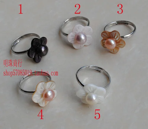 

FREE SIZE MIX COLOR ADJUSTABLE Fashion Freshwater Pearl Ring Jewelry Flower Shape Finger Ring with Shell Accessory