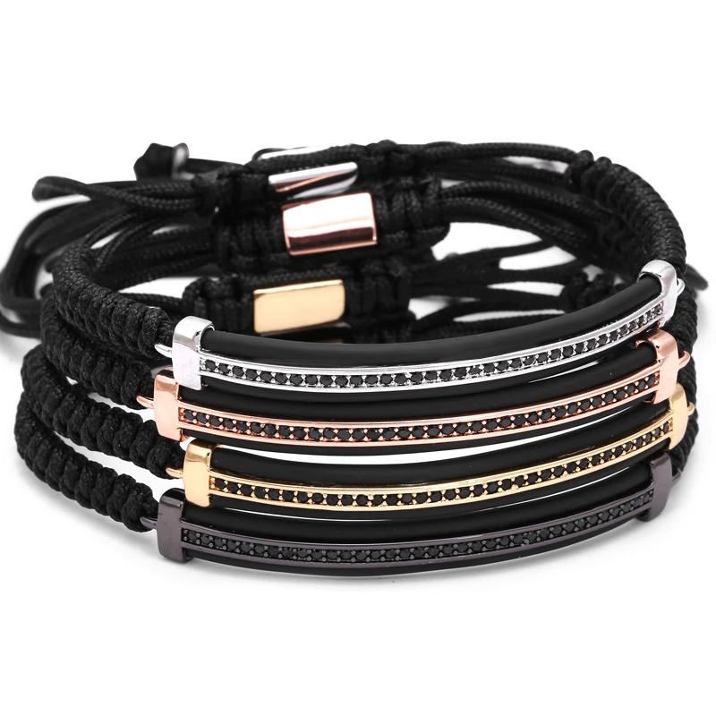 Mcllroy bangle bracelets men cuff with black rubber men bangles bracelet bar pulseira & CZ Micro Paved Bijoux Men Jewelry