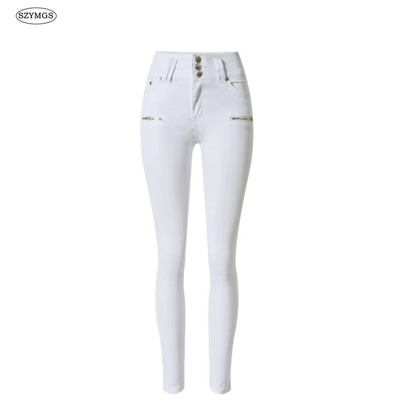 SZYMGS New Fashion Elastic Pencil Pants white jeans for women Skinny high waist jeans woman