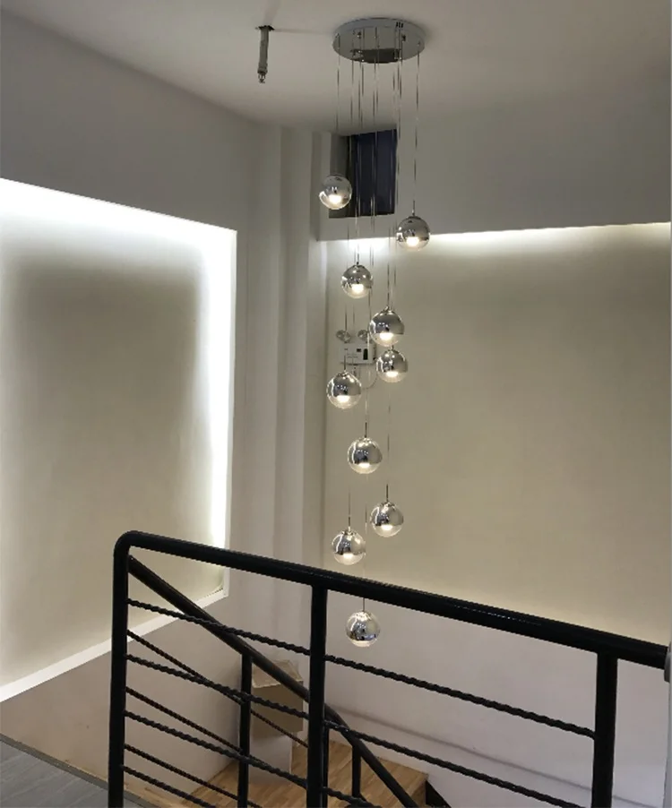 Stair rotating long pendant light Nordic personality glass living room dining room modern minimalist stair long pendant lamps - Body Color: 10 lights Silver