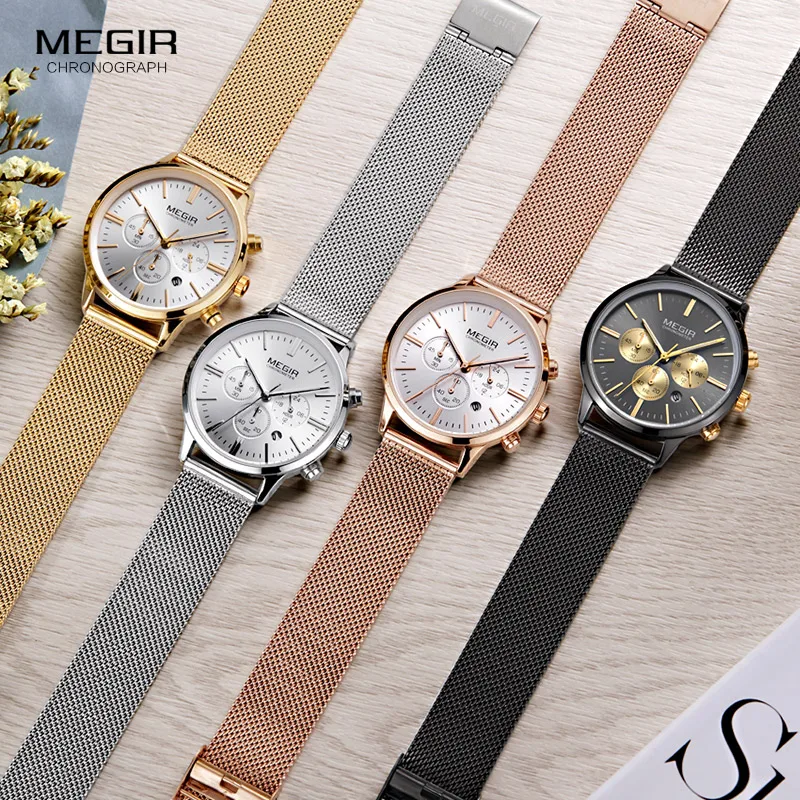 Megir Women's Chronograph Luminous Hands Date Indicator Stainless Steel Mesh Strap Quartz Wrist Watches Lady Rose Gold M2011L-1 images - 6