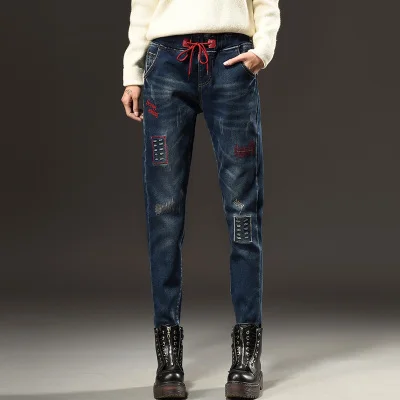 Повседневные джинсы женские зимние плюс бархатные толстые шаровары эластичные джинсы с талией женские свободные брюки джинсы H517 - Цвет: 9035